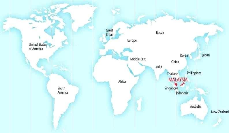 мапата на светот покажува малезија